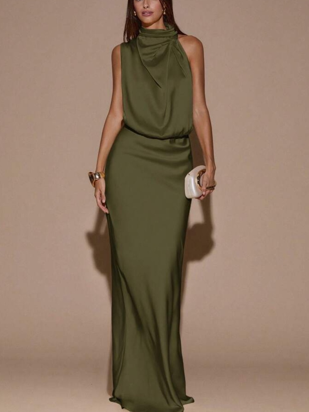 Elegant Satin Halter Evening Dress in Army Green
